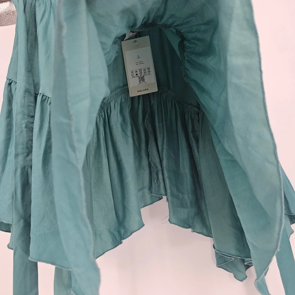 Halara Handkerchief Hem Mini Skirt Large Teal Green Fairycore Ruffle Tie Waist